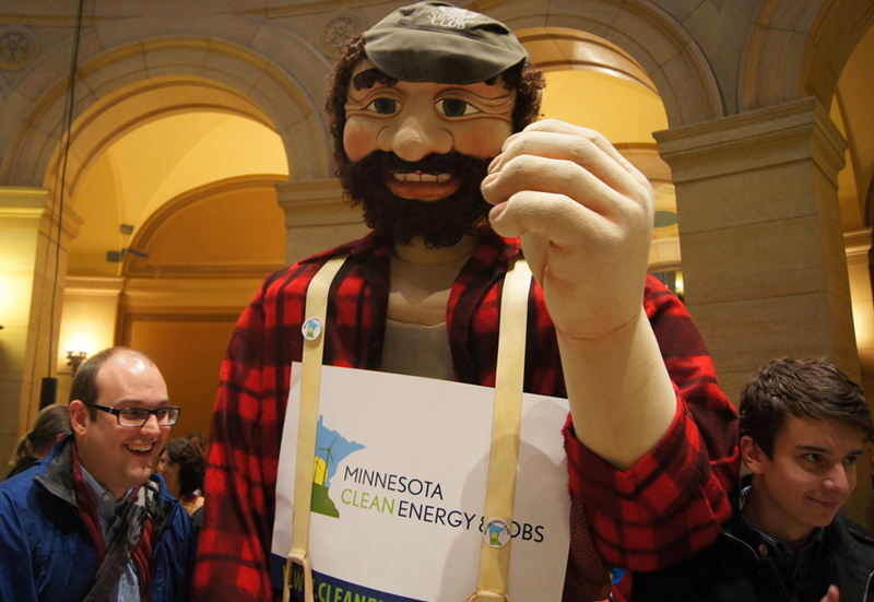 Paul Bunyan puppet makes an appearance at the Blue Green Alliance's event at the state capital.