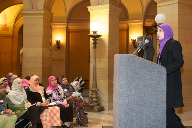 Lori Saroya speaks at the annual Muslim Day at the state capitol.